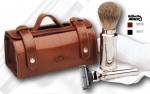 Travel Shaving Set, leather antique style case, badger hair shaving brush, Mach 3 blades