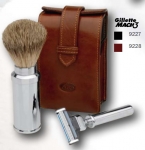 Travel Shaving Set leather case antique style badger hair shaving brush Mach 3 razor blade