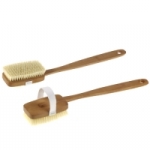 Shower and Back Brush waxed pearwood,straight and removable handle, cotton strap, medium strong pure natural hog bristles, length:41 cm. Made in Germany.